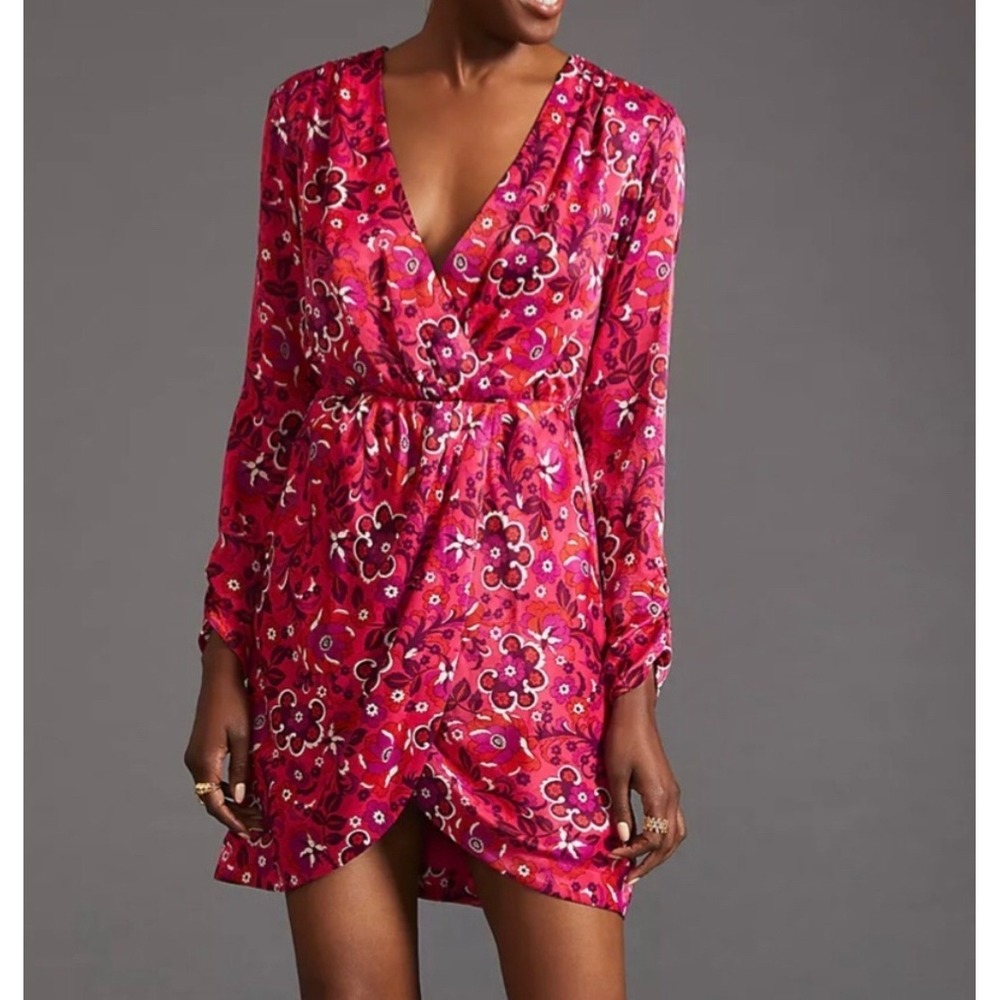 Maeve Wrap Dress Mini Women Medium Pink Floral Satin Long Sleeve V Neck New